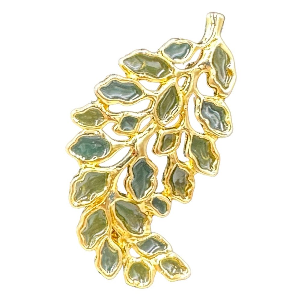 Gold Tone Curved Leaf Broach with Green Accents No Markings